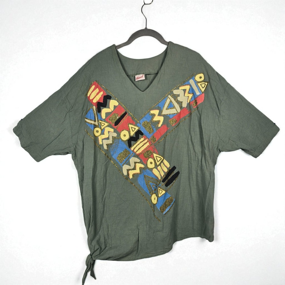 Vintage Haband! Top Woman Green Tie Bottom Abstract Hi Lo‎ V Neck Short Sleeve